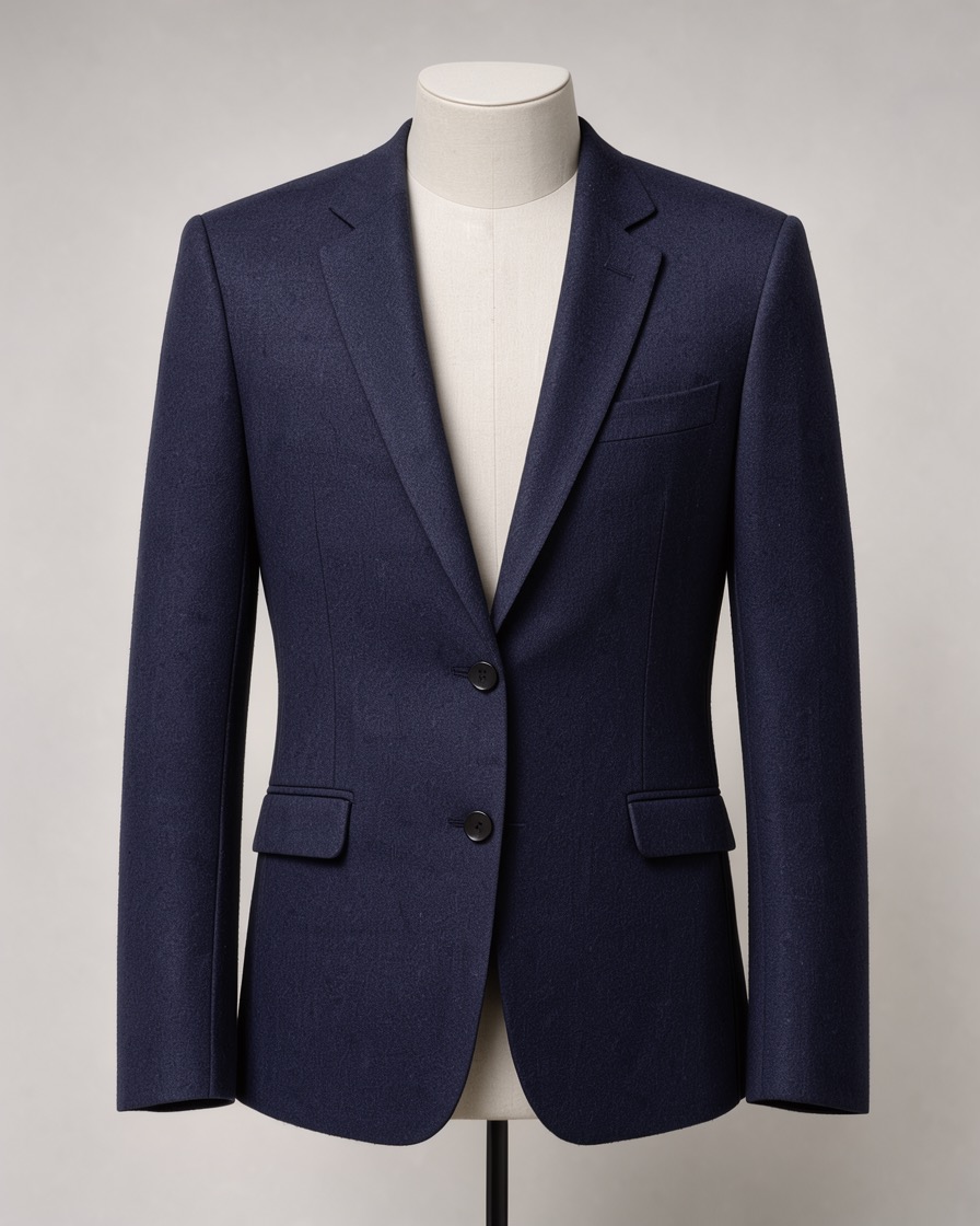 Navy blazer on a faceless tailor mannequin in a grey studio