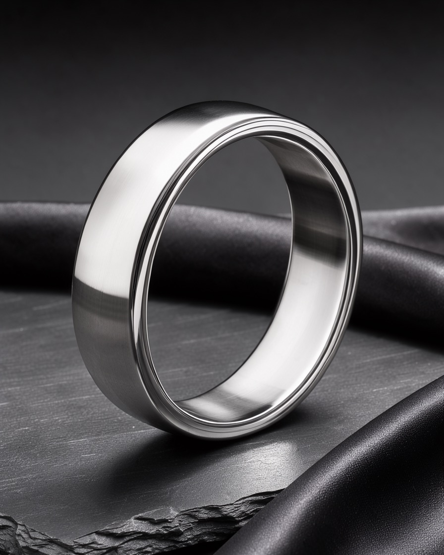 Silver cuff bracelet with controlled specular highlights on dark slate