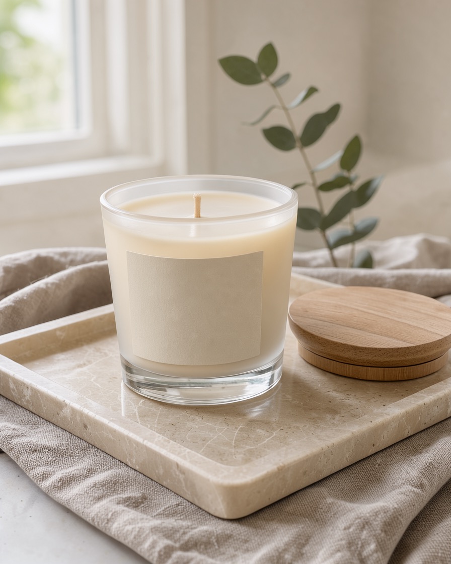 Scented candle in frosted glass on a linen cloth in morning light