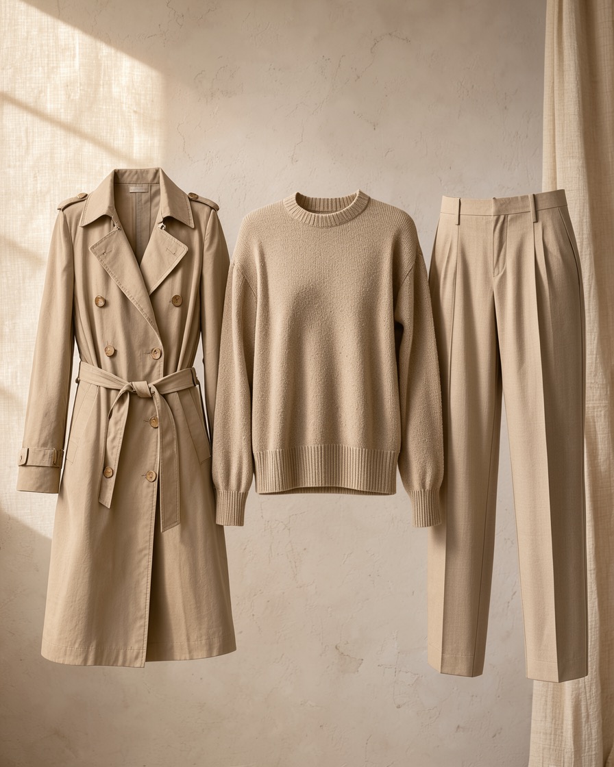 Three coordinated garments in sand tones arranged for a seasonal story