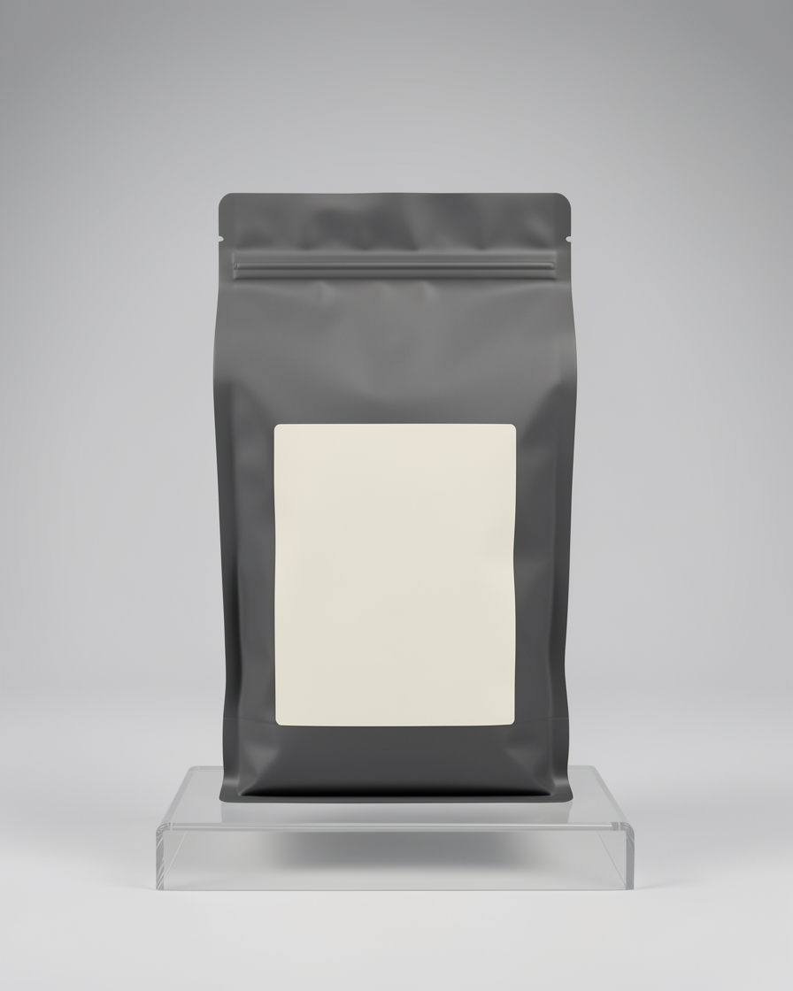 Matte coffee bag with blank label photographed for retail packaging