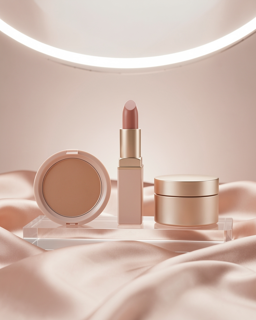 Cosmetic compacts and tubes arranged on silk with soft gloss lighting