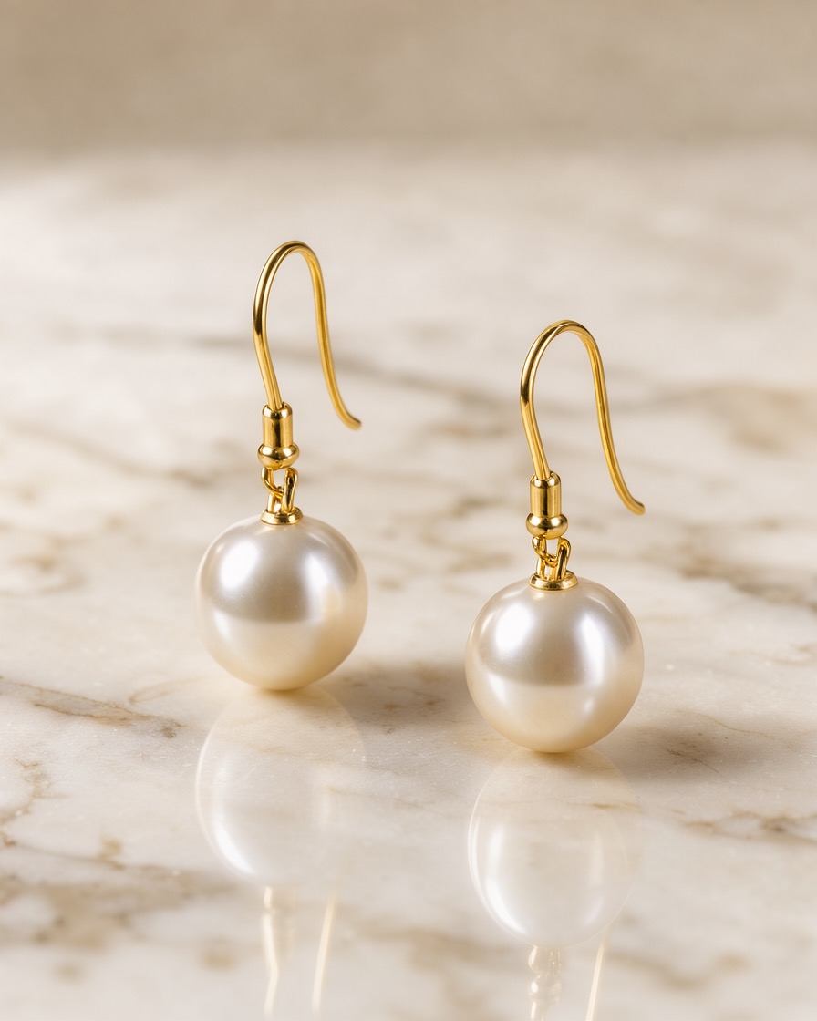 Pair of pearl drop earrings on ivory marble with soft rim light