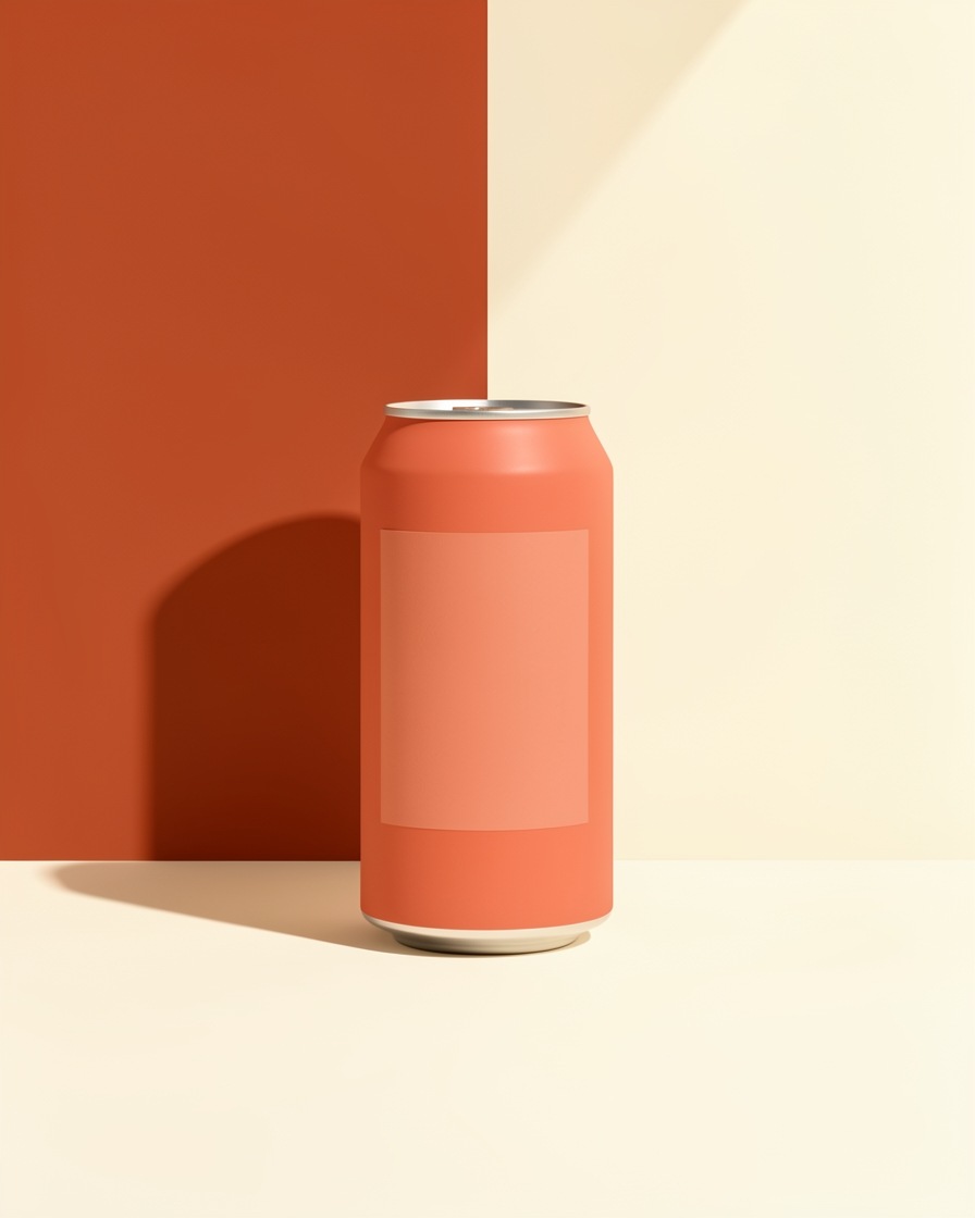 Beverage can against a bold terracotta color-block studio background
