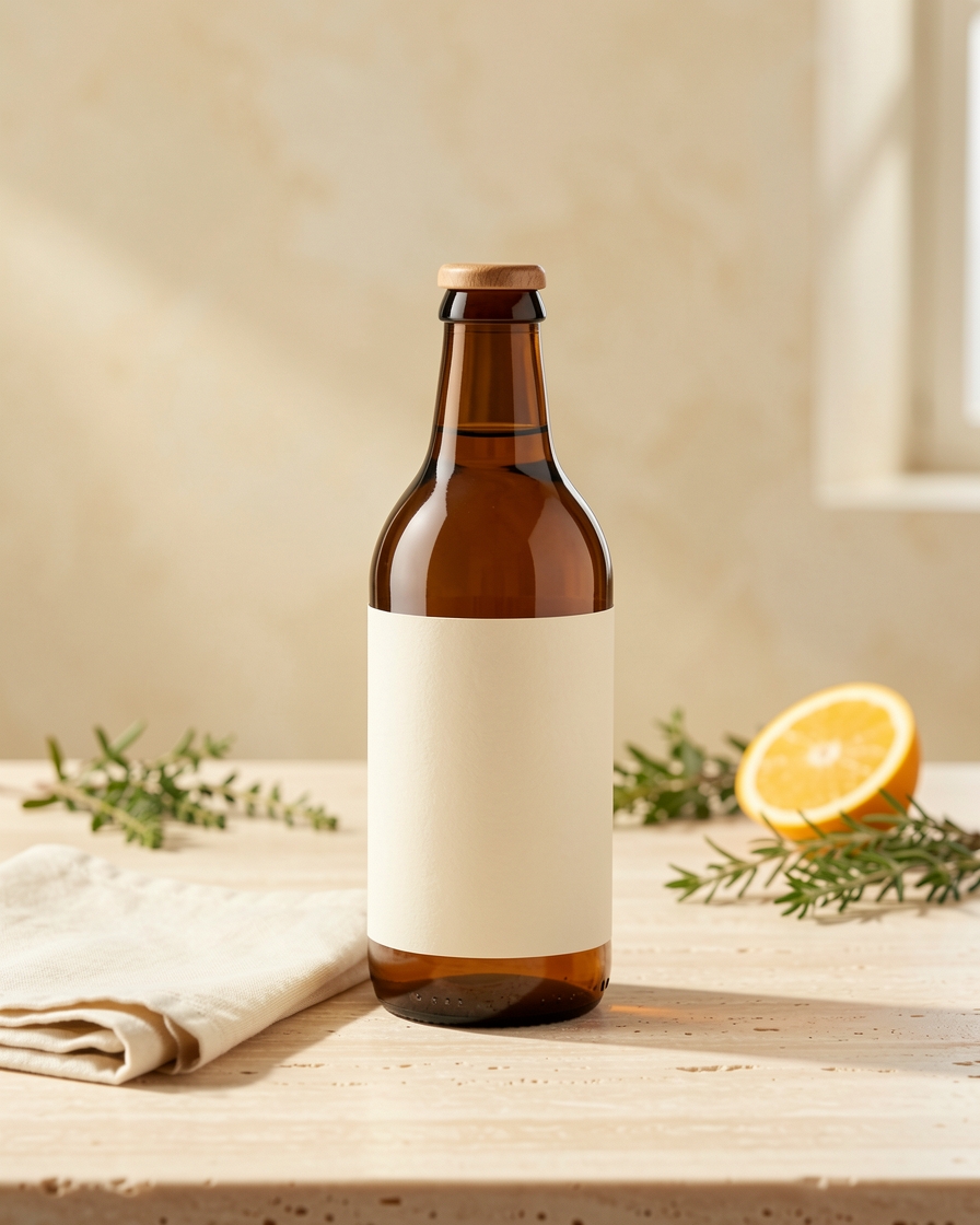 Amber beverage bottle on a warm tabletop with natural ingredients