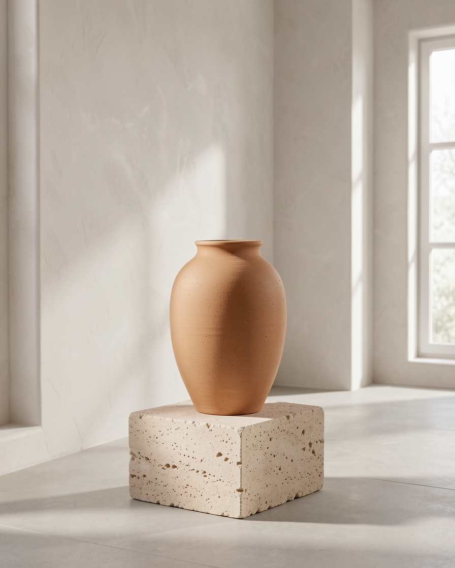 Ceramic vase on a stone pedestal in a minimal sunlit interior