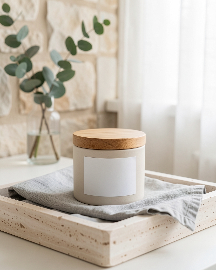 Skincare container styled on a minimal vanity tray in morning light