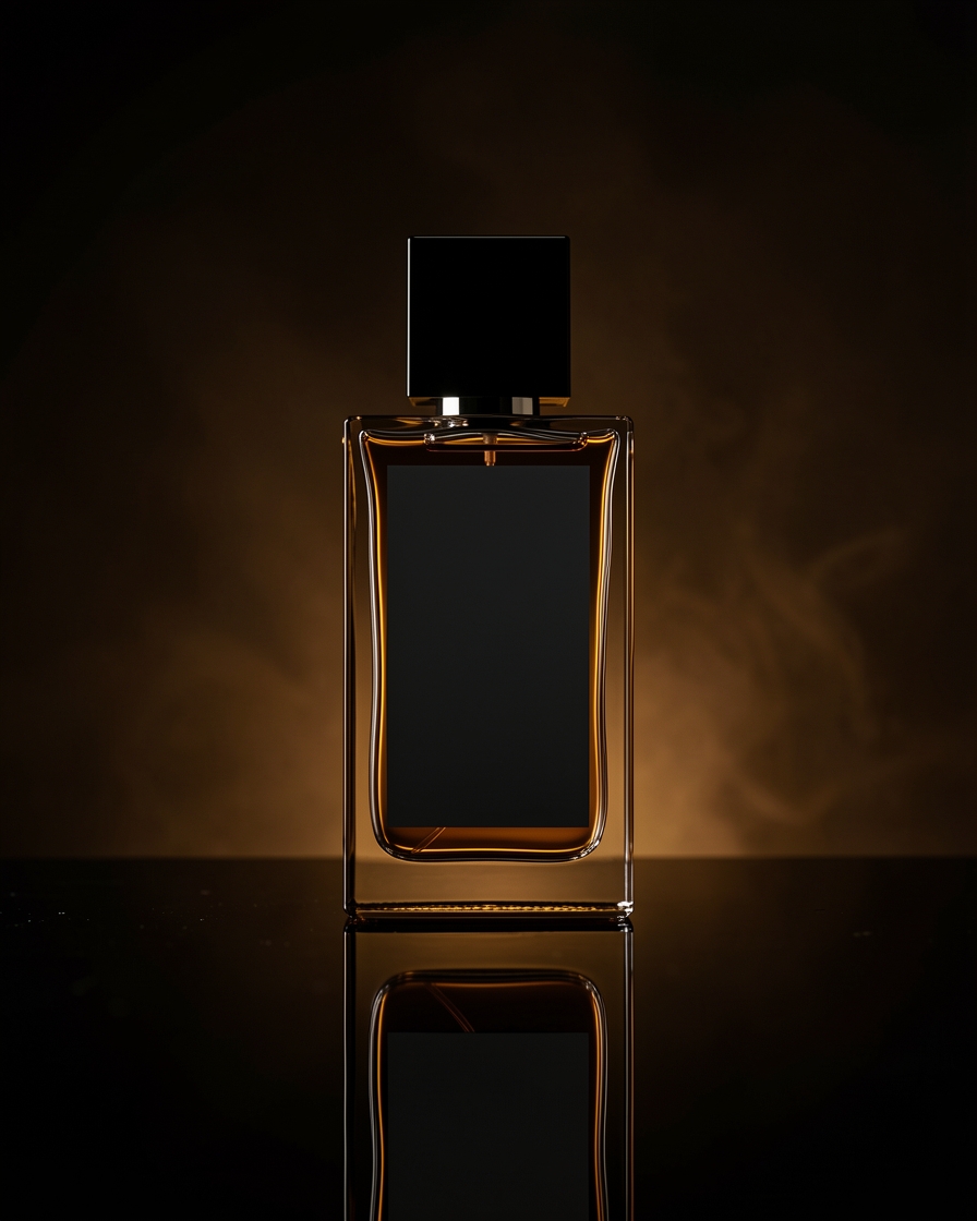Glass fragrance bottle in a dark editorial setting