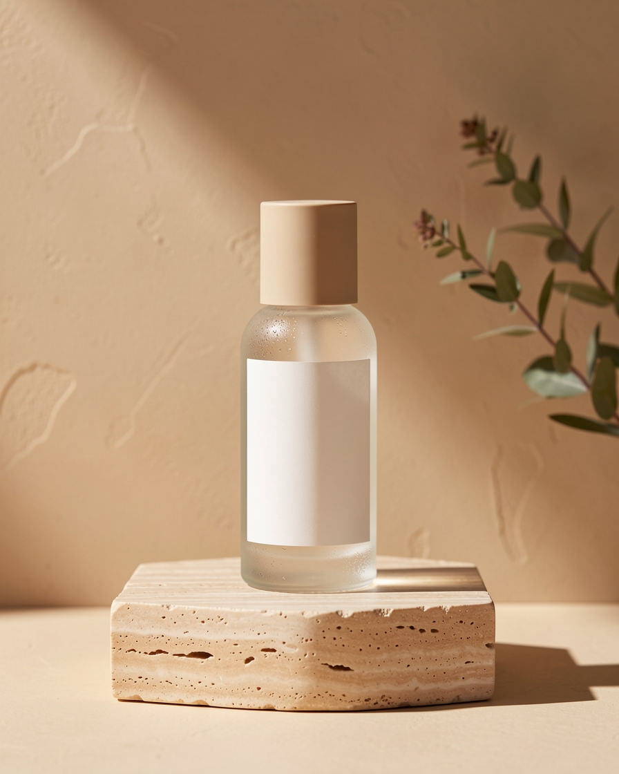 Skincare serum bottle on a warm stone pedestal in natural light