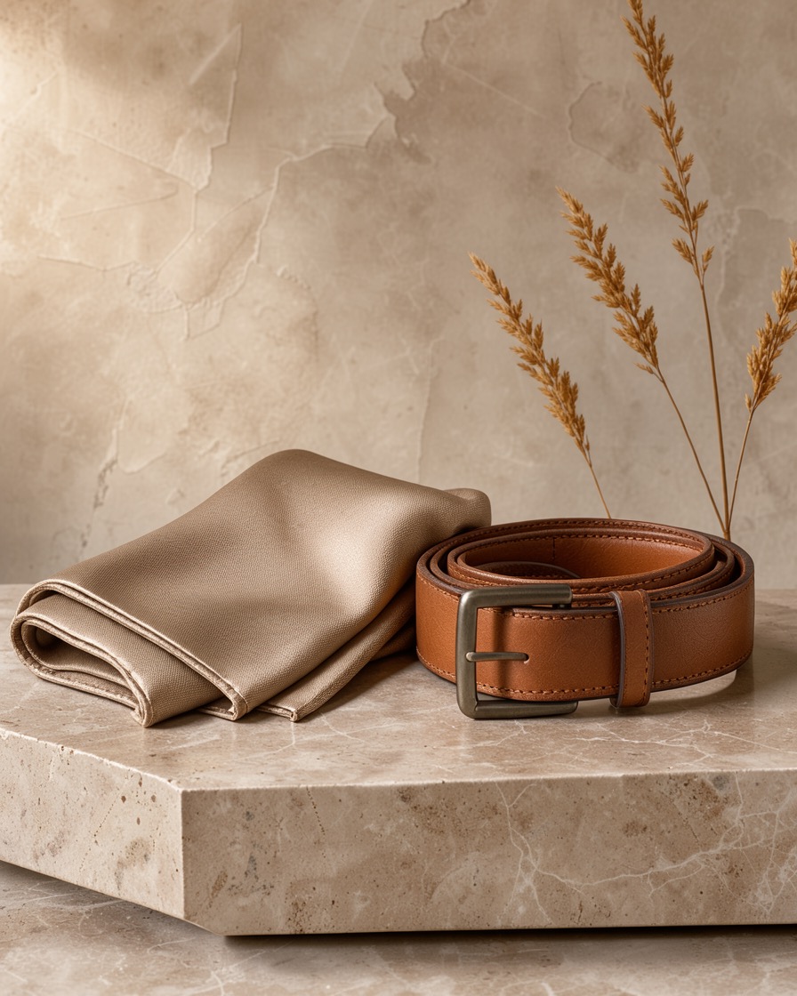 Silk scarf and leather belt styled with dried botanicals on travertine