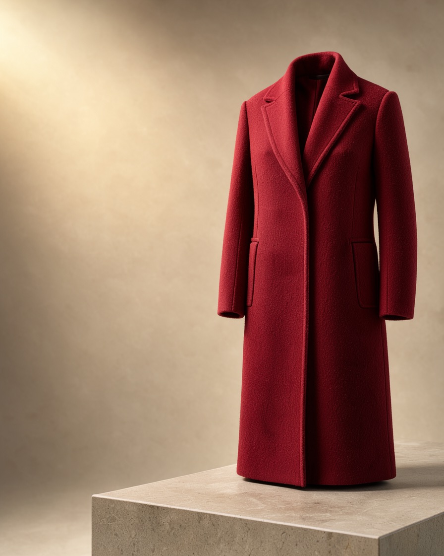 Statement red coat in a full-bleed warm campaign studio