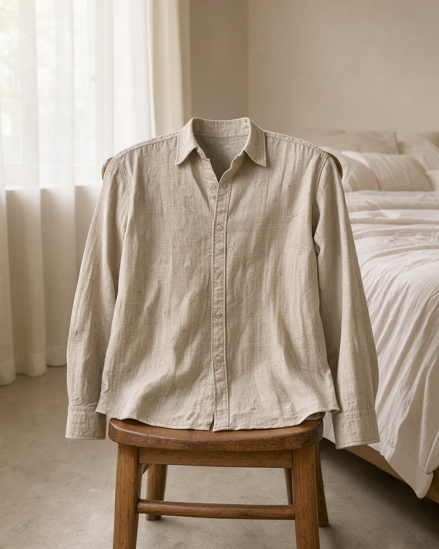 Linen shirt draped over a chair in a sunlit bedroom