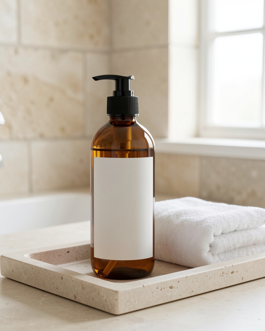 Amber haircare bottle on a stone tray beside folded towels in soft daylight