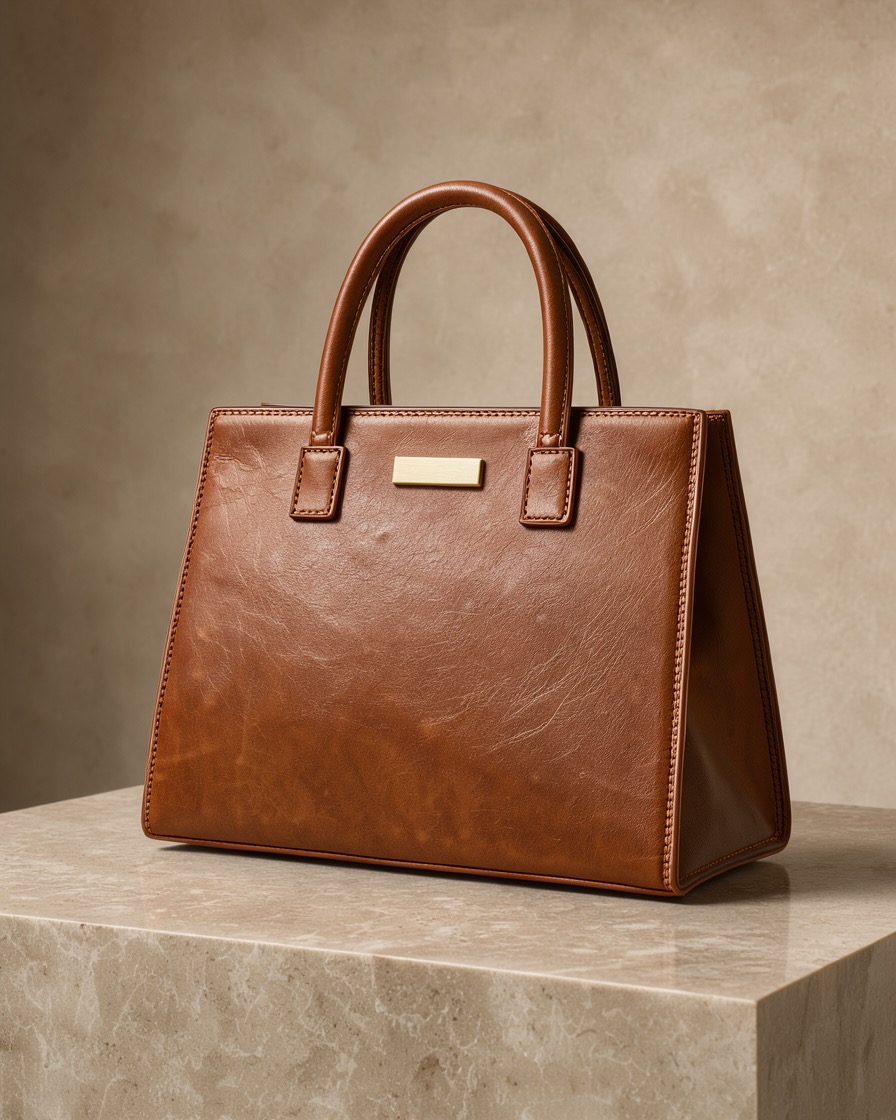 Cognac leather handbag on a stone plinth with warm directional light