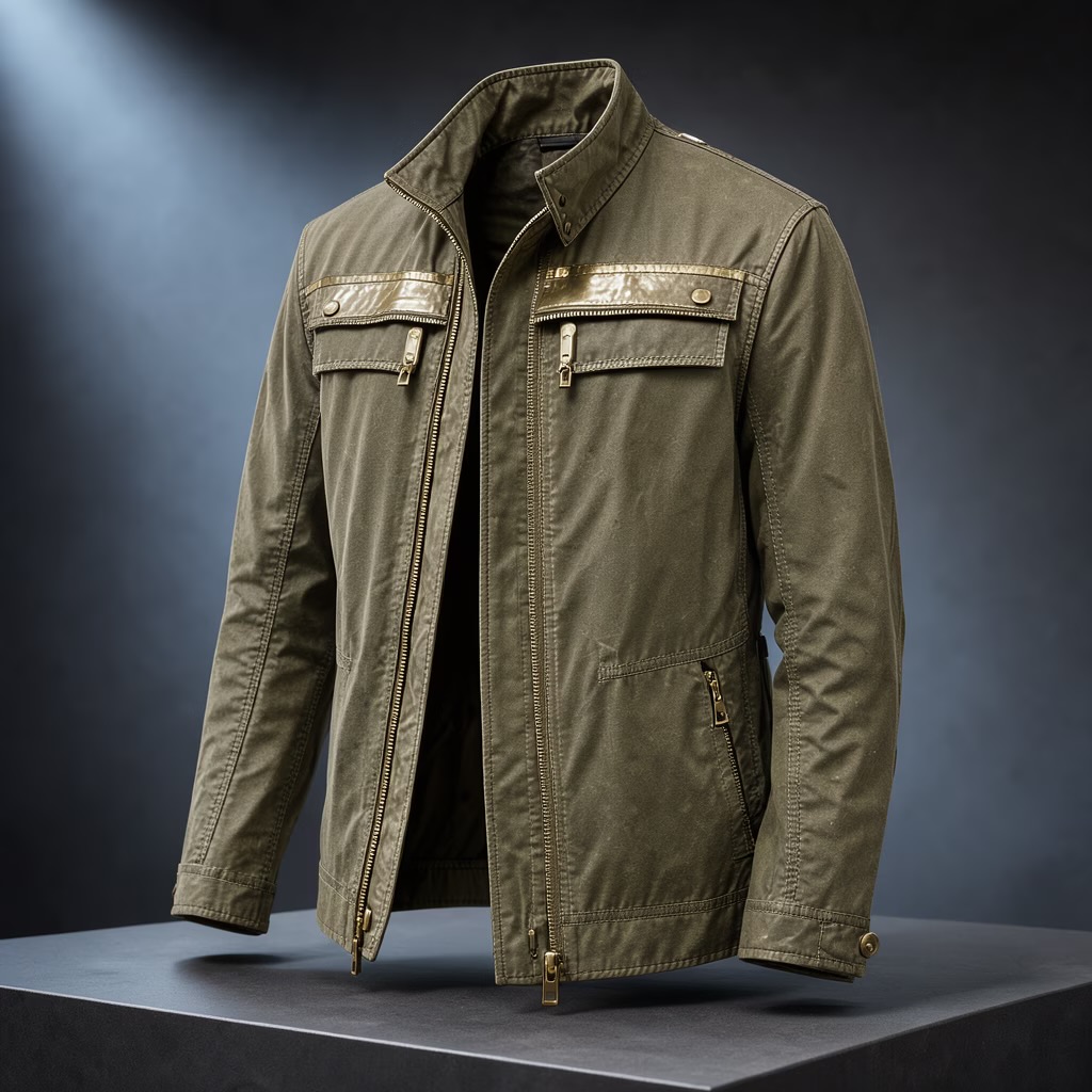 Olive field jacket on a dark pedestal with dramatic rim lighting