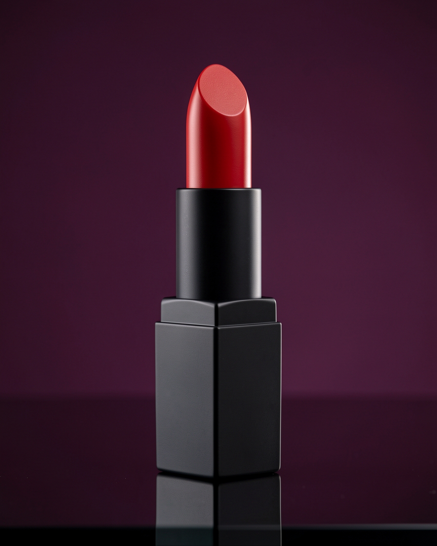Red lipstick bullet close-up with crisp detail on a dark gloss surface