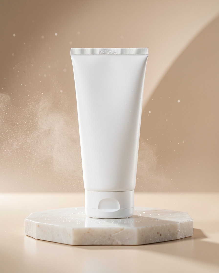 White sunscreen tube standing on wet-look stone with water mist