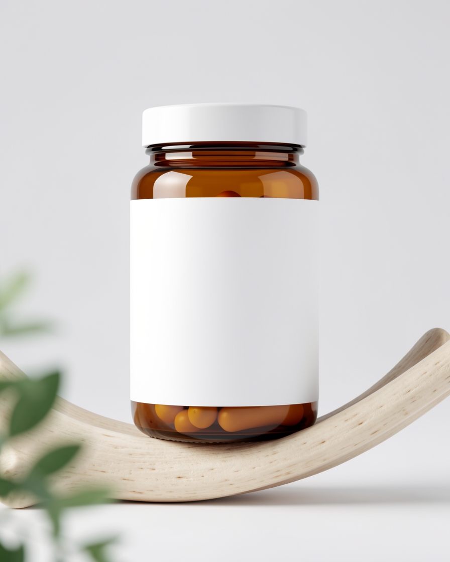 Amber supplement jar with blank label on a luminous bone sweep