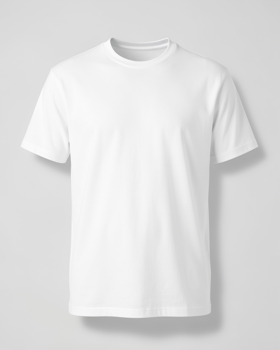 White premium T-shirt on an invisible form against a grey studio backdrop