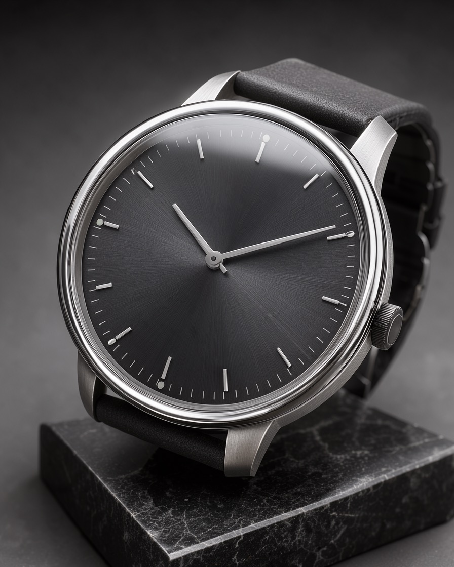Steel wristwatch with legible dial and lume markers in macro detail
